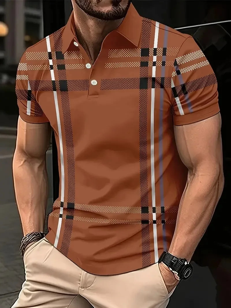 The 2025 summer new men's POLO shirt features a casual fashionable comfortable soft and breathable 3D striped pattern print