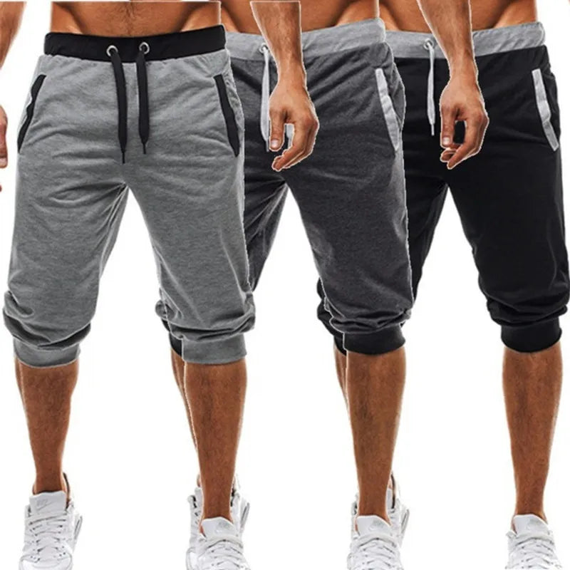 2026 New Solid Color Capri Pants Elastic Waist Men Drawstring 3/4 Length Cropped Trousers Sweatpants