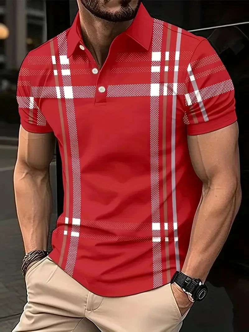 The 2025 summer new men's POLO shirt features a casual fashionable comfortable soft and breathable 3D striped pattern print