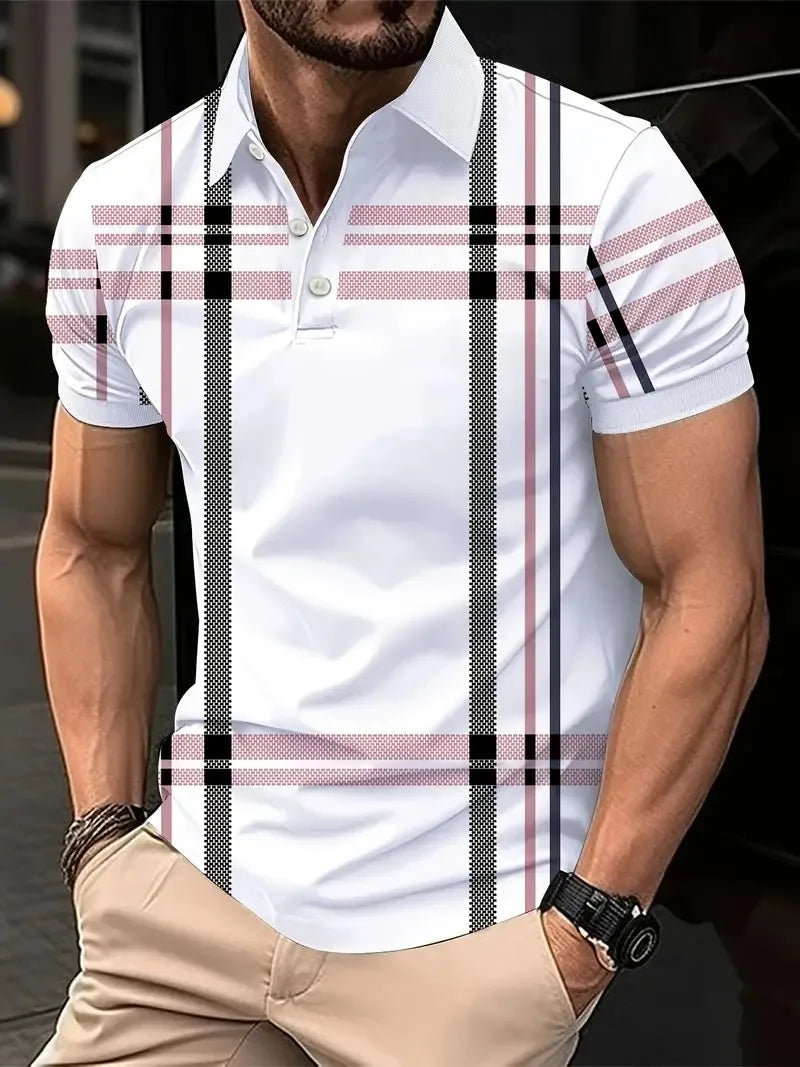 The 2025 summer new men's POLO shirt features a casual fashionable comfortable soft and breathable 3D striped pattern print
