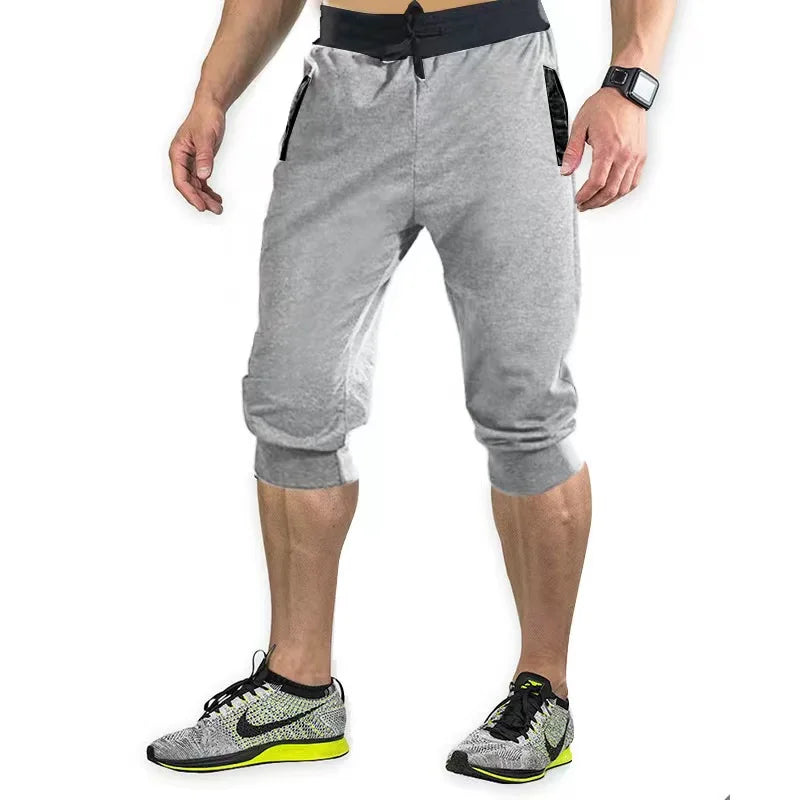 2026 New Solid Color Capri Pants Elastic Waist Men Drawstring 3/4 Length Cropped Trousers Sweatpants
