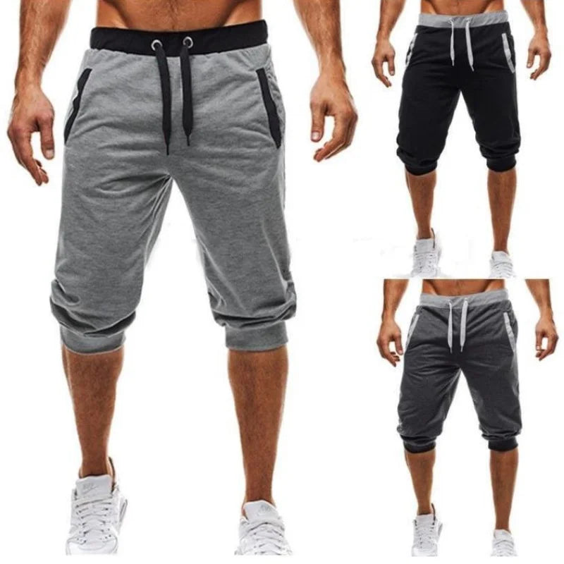 2026 New Solid Color Capri Pants Elastic Waist Men Drawstring 3/4 Length Cropped Trousers Sweatpants