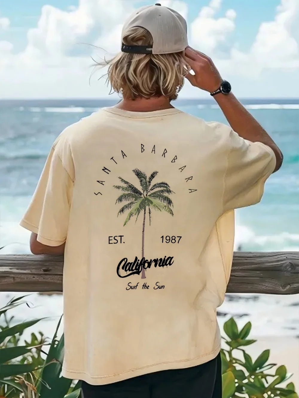New Men's Vacation Coconut Tree Letter Printed Comfortable Breathable Round Neck T-shirt Summer Outdoor Casual Top