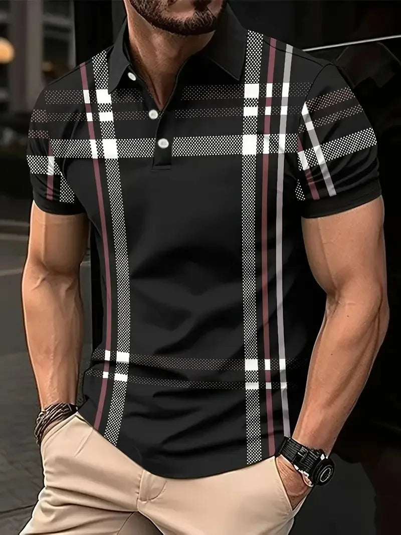 The 2025 summer new men's POLO shirt features a casual fashionable comfortable soft and breathable 3D striped pattern print