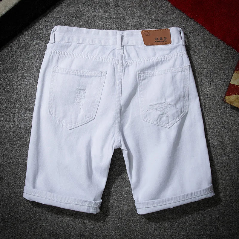 Men White Denim Shorts New Summer Men Holes Casual Shorts Jeans Men Cotton Solid Slim Fit Shorts Pants Knee Length Pants