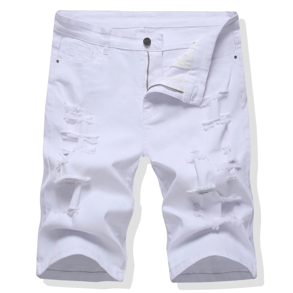 Shorts Men Hole Jeans Streetwear Mid Waist Washed Distressed Pockets Knee Length Vintage Ripped Denims Straight Short Pants