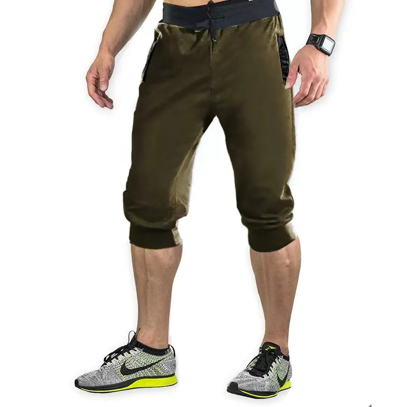 2026 New Solid Color Capri Pants Elastic Waist Men Drawstring 3/4 Length Cropped Trousers Sweatpants