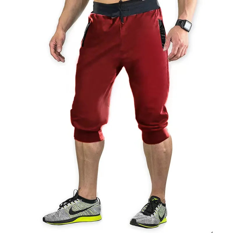 2026 New Solid Color Capri Pants Elastic Waist Men Drawstring 3/4 Length Cropped Trousers Sweatpants