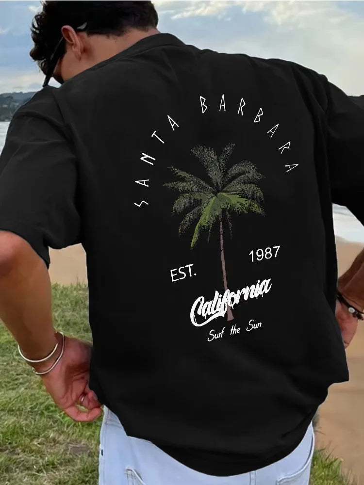 New Men's Vacation Coconut Tree Letter Printed Comfortable Breathable Round Neck T-shirt Summer Outdoor Casual Top