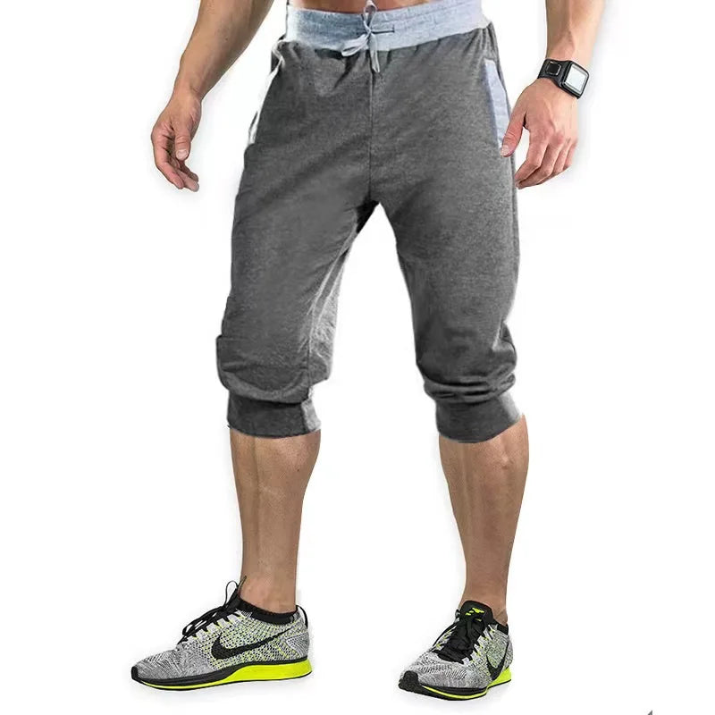2026 New Solid Color Capri Pants Elastic Waist Men Drawstring 3/4 Length Cropped Trousers Sweatpants