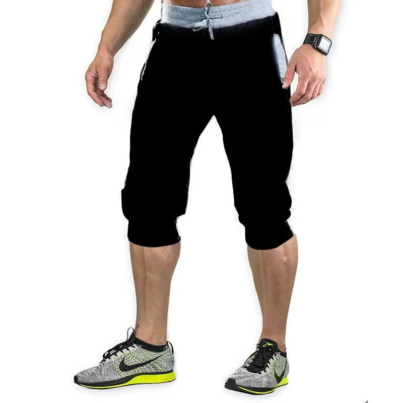 2026 New Solid Color Capri Pants Elastic Waist Men Drawstring 3/4 Length Cropped Trousers Sweatpants